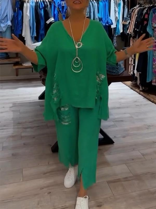 Anya | Todelt sett i lin med asymmetrisk topp med paljettkant og cropped bukser