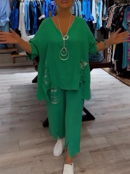 Anya | Todelt sett i lin med asymmetrisk topp med paljettkant og cropped bukser