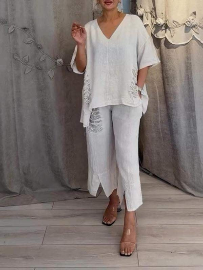 Anya | Todelt sett i lin med asymmetrisk topp med paljettkant og cropped bukser
