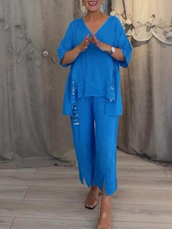 Anya | Todelt sett i lin med asymmetrisk topp med paljettkant og cropped bukser