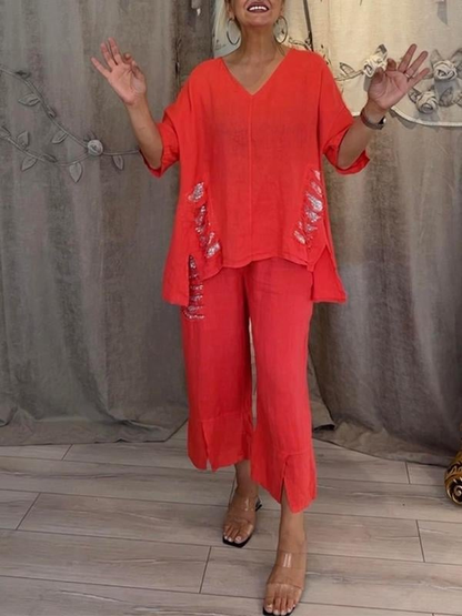 Anya | Todelt sett i lin med asymmetrisk topp med paljettkant og cropped bukser