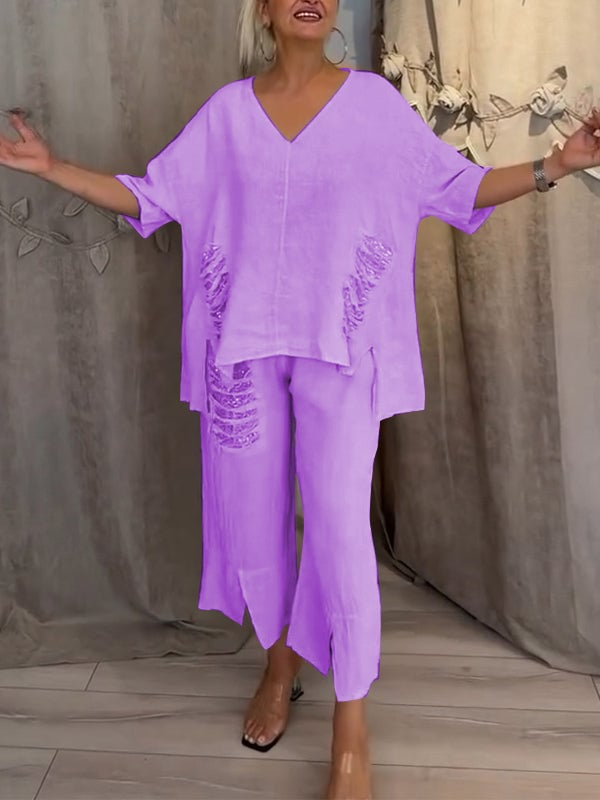 Anya | Todelt sett i lin med asymmetrisk topp med paljettkant og cropped bukser