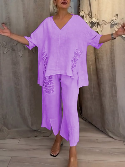 Anya | Todelt sett i lin med asymmetrisk topp med paljettkant og cropped bukser