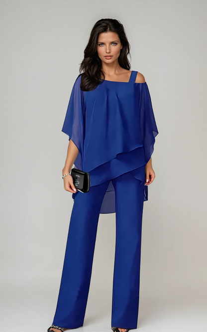 Aria | Todelt sett i chiffon med cold shoulder-topp og rettbukser