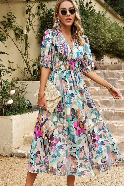 Blossom | Midikjole i chiffon med blomstermønster og puffermer