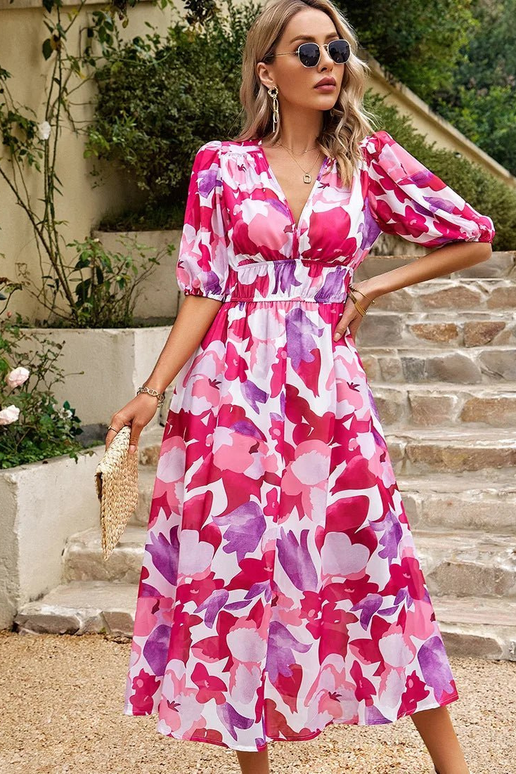 Blossom | Midikjole i chiffon med blomstermønster og puffermer