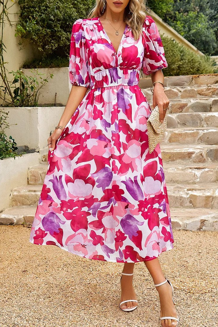 Blossom | Midikjole i chiffon med blomstermønster og puffermer