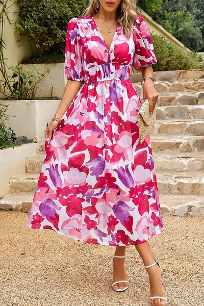 Blossom | Midikjole i chiffon med blomstermønster og puffermer