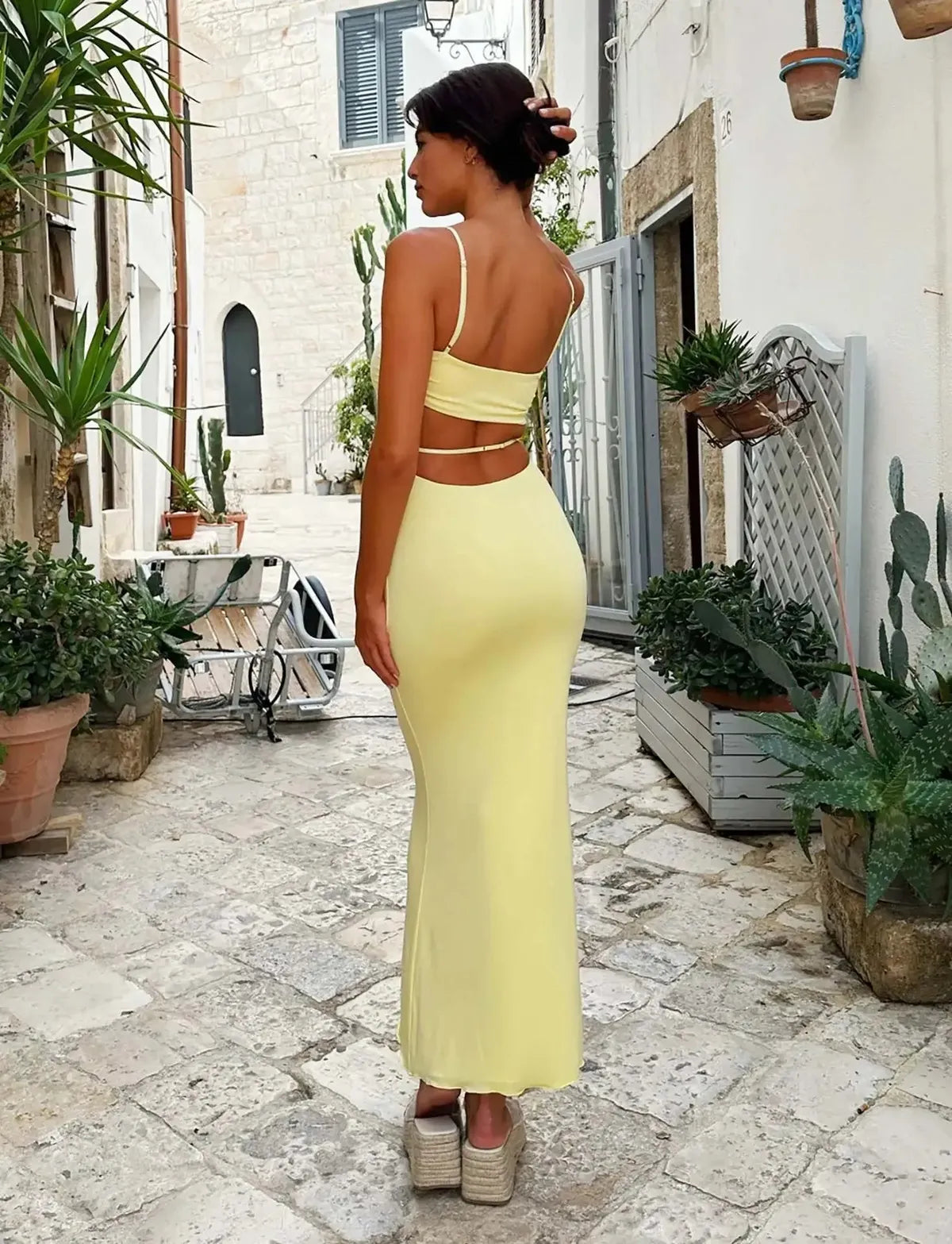 Gul Ryggløs Bodycon Sommer Fest Maxi Kjole