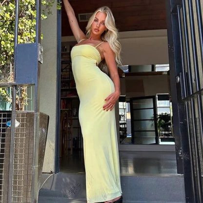 Gul Ryggløs Bodycon Sommer Fest Maxi Kjole