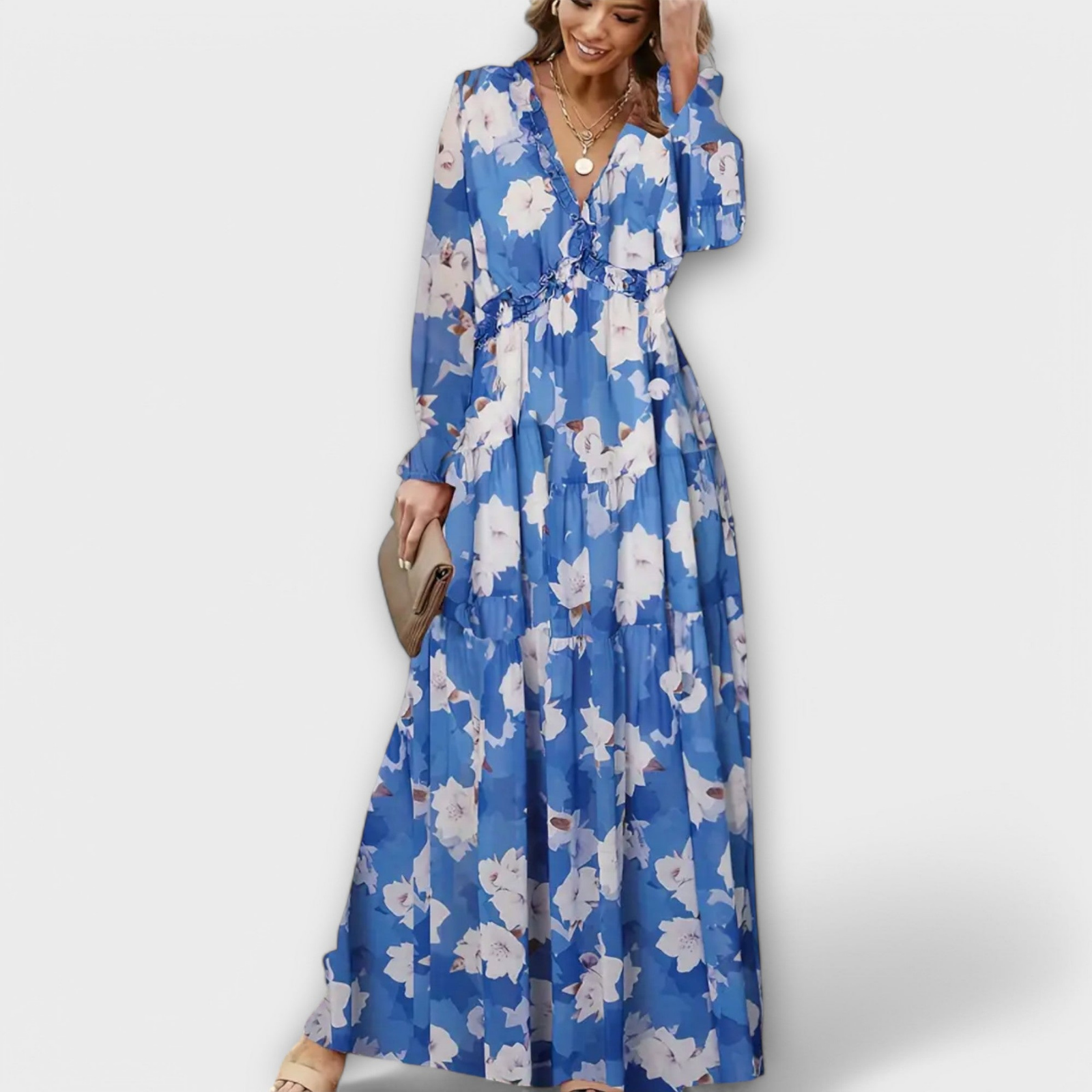 Brielle | Lagdelt langermet maxikjole i chiffon med blomstermønster