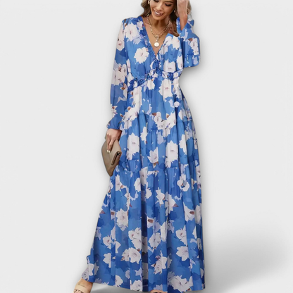 Brielle | Lagdelt langermet maxikjole i chiffon med blomstermønster