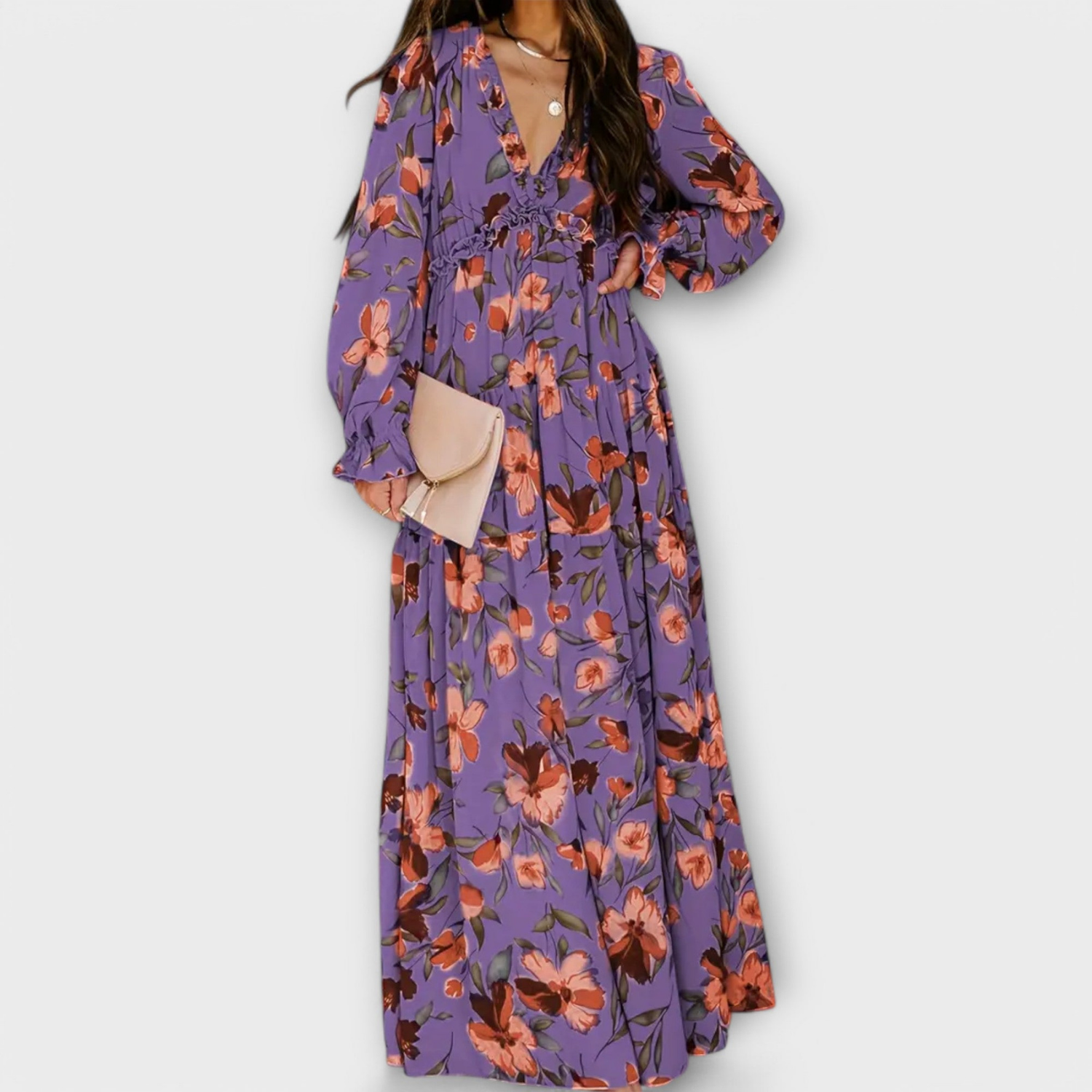 Brielle | Lagdelt langermet maxikjole i chiffon med blomstermønster