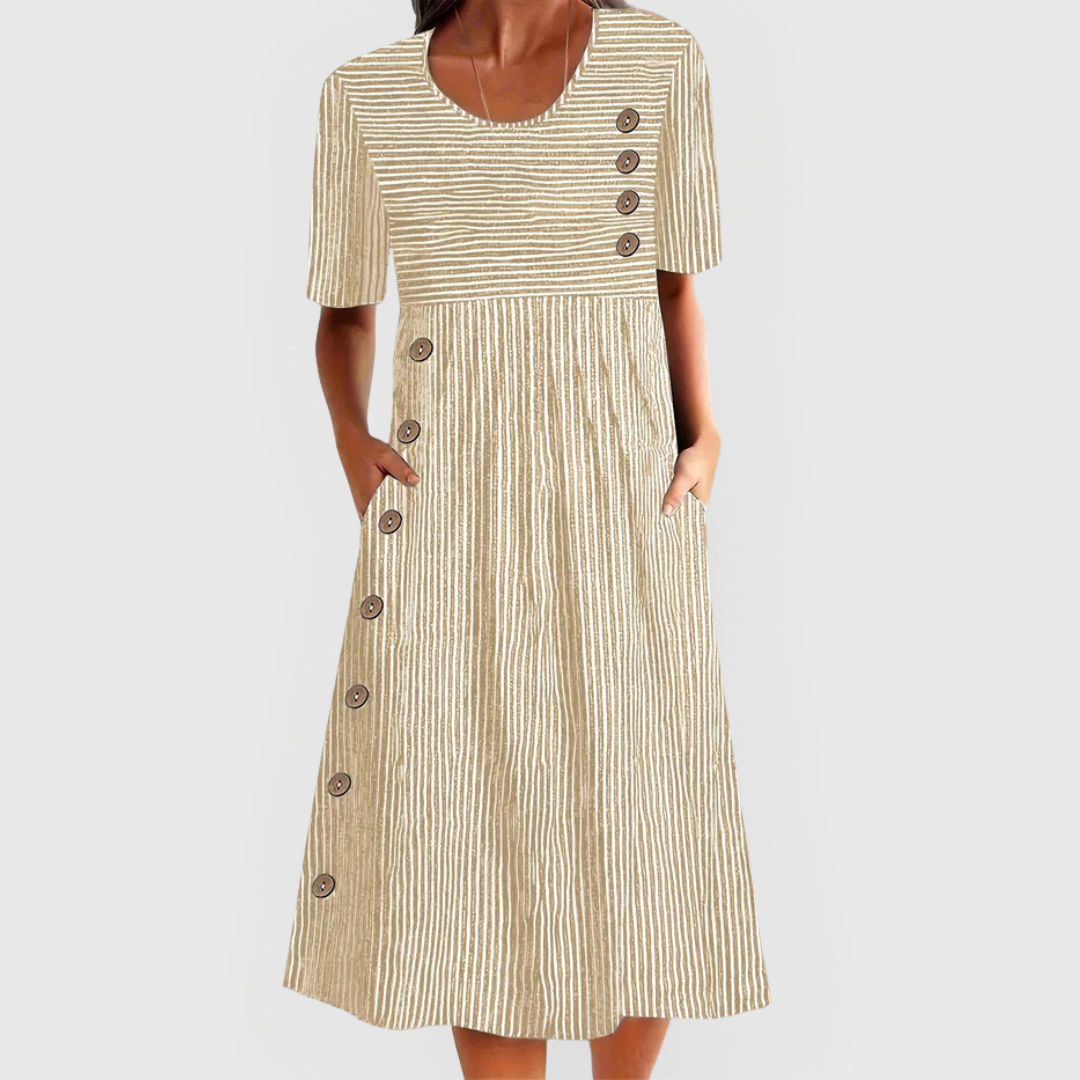 Britta | Stripete midikjole i lin med knappekant og rund hals