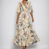 Celeste | Beltet maxikjole i sateng med blomstret omslags-V-hals – Beige