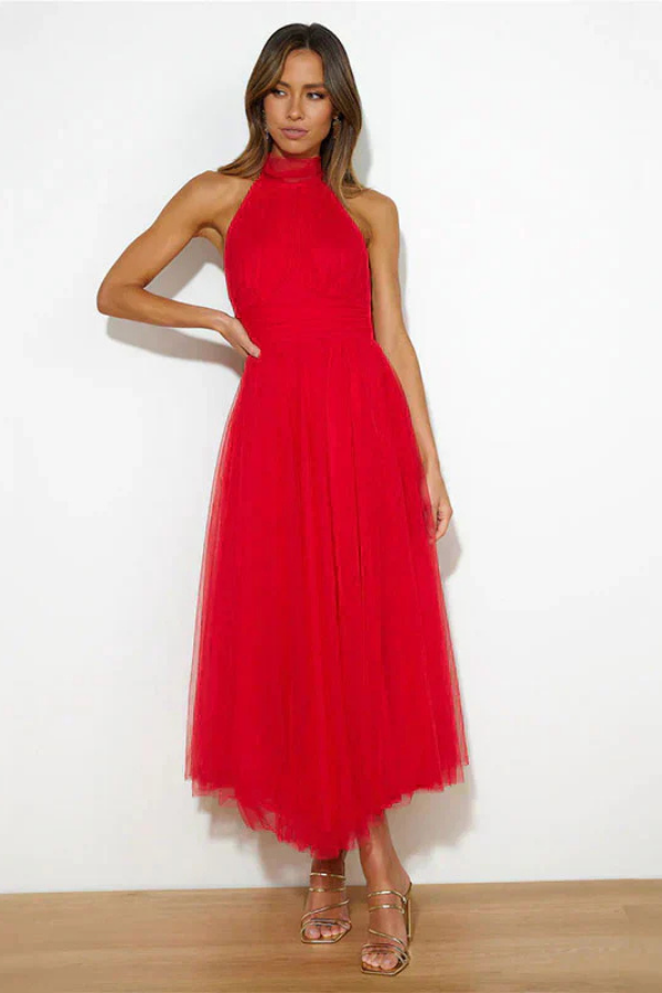 Celestia | A-formet midikjole i chiffonmesh med halterneck og rynket liv
