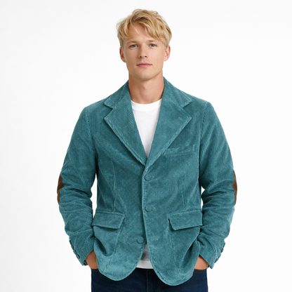 Kordfløyelsblazer til herre med albuelapper – retro business casual jakke (vår/høst) – Mørk turkis