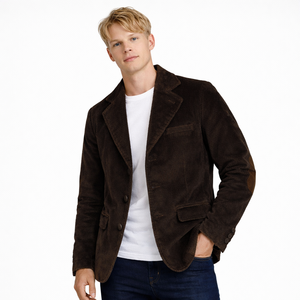 Kordfløyelsblazer til herre med albuelapper – retro business casual jakke (vår/høst)