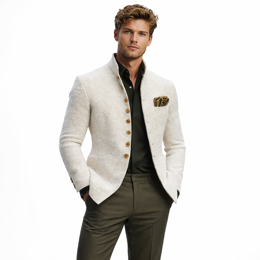 Herrejakke i europeisk/amerikansk stil – slim fit med ståkrage, knapper og lommer (casual blazer) – Hvit