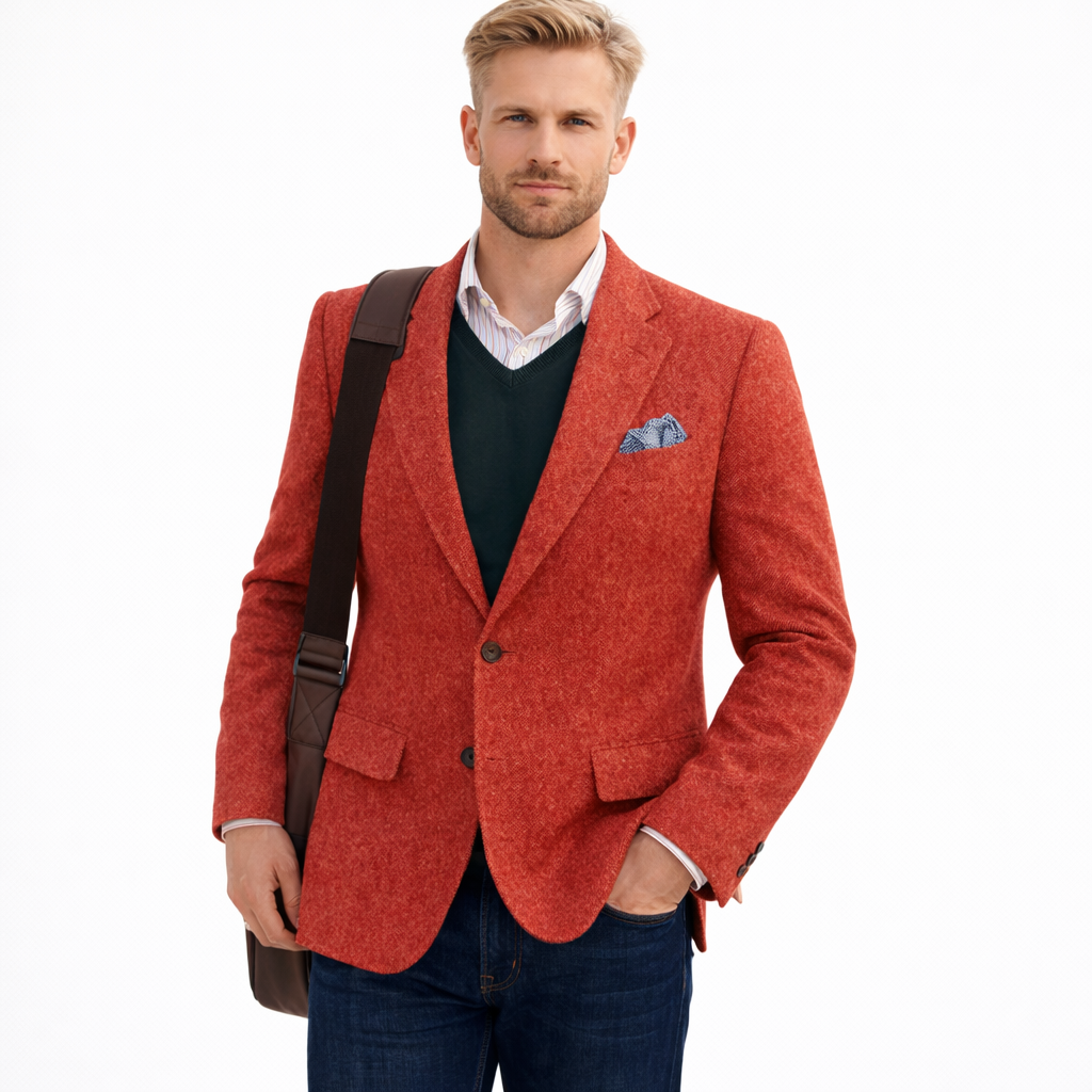 Vintage brun tweed dressjakke til herre – patchwork-design, smart business &amp; bryllup (1-del)