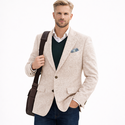 Vintage brun tweed dressjakke til herre – patchwork-design, smart business &amp; bryllup (1-del)