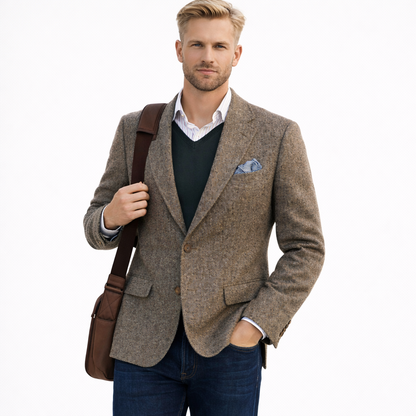 Vintage brun tweed dressjakke til herre – patchwork-design, smart business &amp; bryllup (1-del)