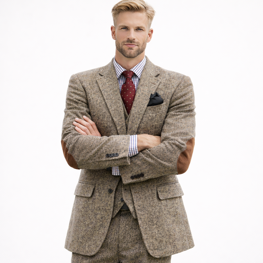 Vintage brun tweed dressjakke til herre – patchwork-design, smart business &amp; bryllup (1-del)