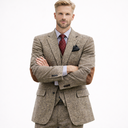Vintage brun tweed dressjakke til herre – patchwork-design, smart business &amp; bryllup (1-del)
