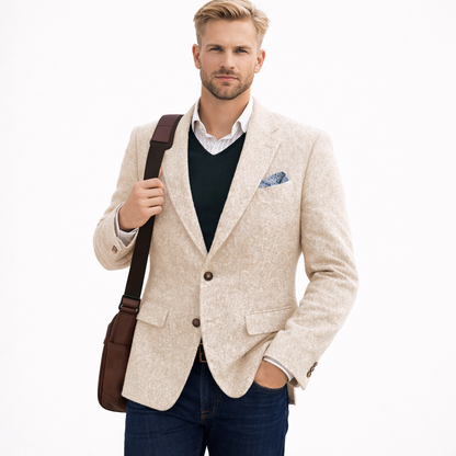 Vintage brun tweed dressjakke til herre – patchwork-design, smart business &amp; bryllup (1-del)