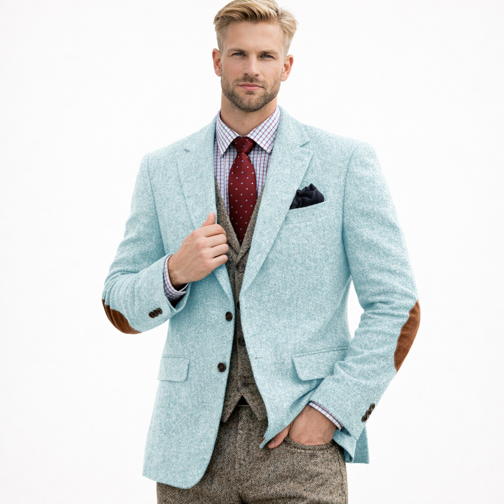 Vintage brun tweed dressjakke til herre – patchwork-design, smart business &amp; bryllup (1-del)