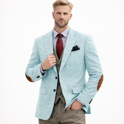 Vintage brun tweed dressjakke til herre – patchwork-design, smart business &amp; bryllup (1-del)