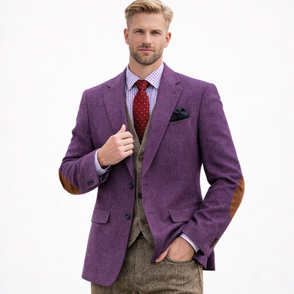 Vintage brun tweed dressjakke til herre – patchwork-design, smart business &amp; bryllup (1-del)