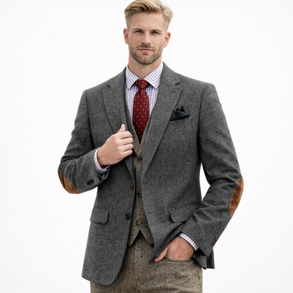 Vintage brun tweed dressjakke til herre – patchwork-design, smart business &amp; bryllup (1-del)