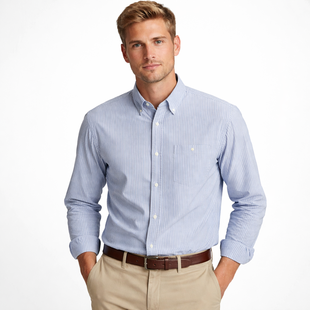 Klassisk Stripet Skjorte for Menn – Oversized Oxford Skjorte i 100 % Bomull | Smart Casual Stil til Høst og Vinter 2025 – Beige grå grønn