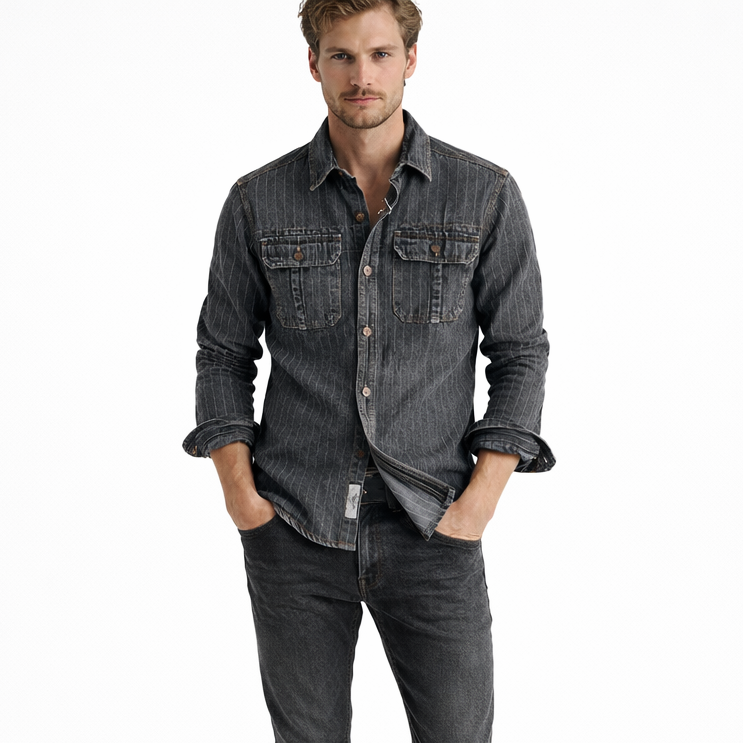 Britisk Retro Denimskjorte for Menn – Tung Sort/Grå Stripet Skjortejakke med Lomme | Klassisk Høststil – Mørkegrå
