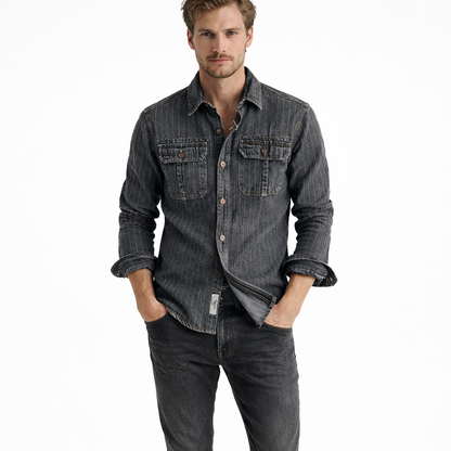 Britisk Retro Denimskjorte for Menn – Tung Sort/Grå Stripet Skjortejakke med Lomme | Klassisk Høststil – Mørkegrå