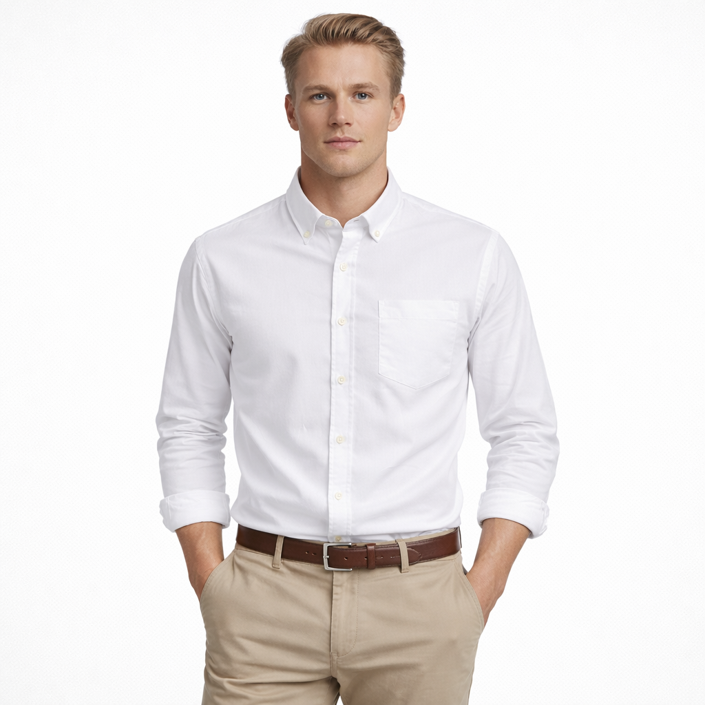Klassisk Oxford-skjorte for Menn – Regular Fit i Ensfarget Design | Smart Casual Skjorte til Høst 2025 – Beige hvit