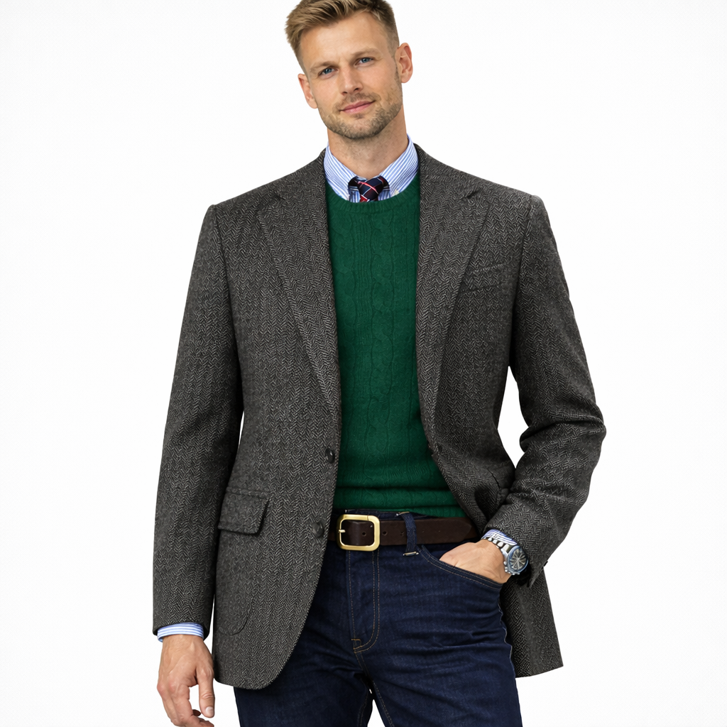 Elegant herreblazer i fiskeben – slim fit, single breasted (enkeltspent) business &amp; casual – Svart
