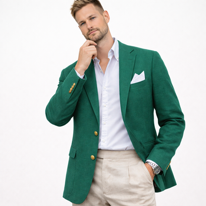 Herreblazer i lin – enkeltspent med notch lapel (kun jakke), casual bryllupsjakke – Blågrønn