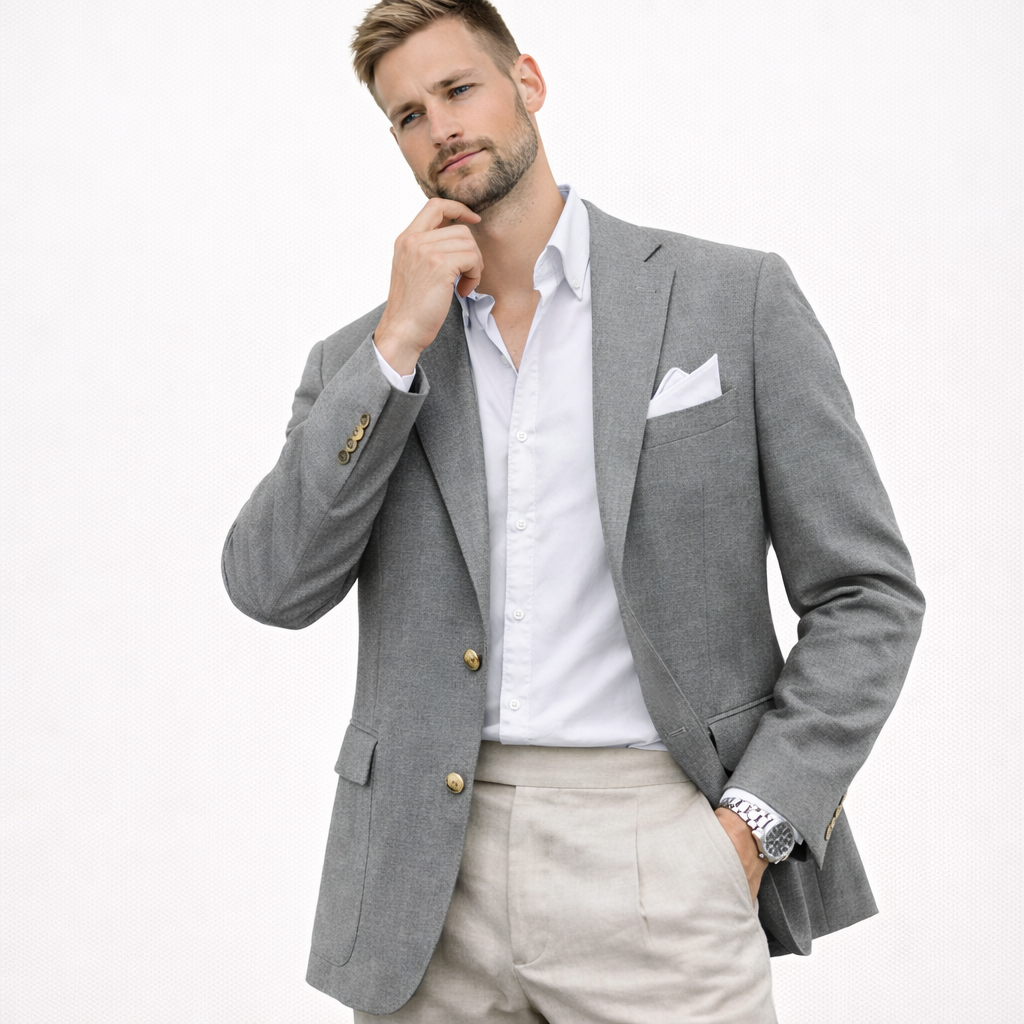 Herreblazer i lin – enkeltspent med notch lapel (kun jakke), casual bryllupsjakke