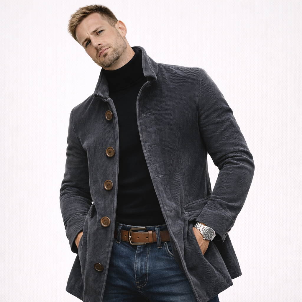 Ensfarget herrejakke med ståkrage – åpen cardigan/blazer med knapper, slim fit (vår/høst)