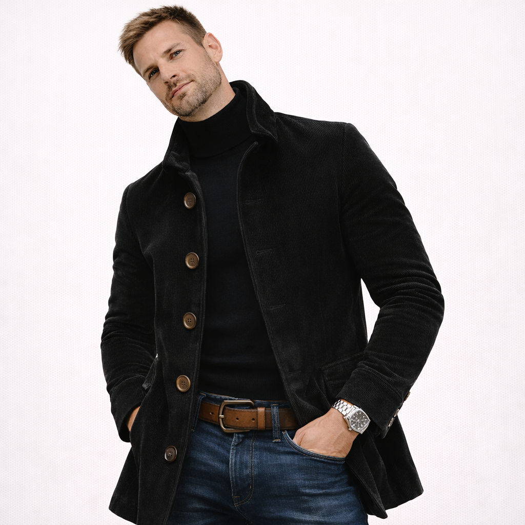 Ensfarget herrejakke med ståkrage – åpen cardigan/blazer med knapper, slim fit (vår/høst)