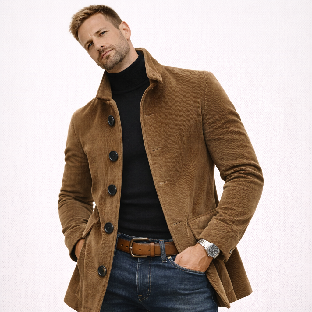 Ensfarget herrejakke med ståkrage – åpen cardigan/blazer med knapper, slim fit (vår/høst)