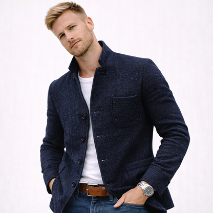 Herre cardigan-kåpe i ulllook – enkeltspent med lommer, ståkrage og slim fit (høst/vinter)