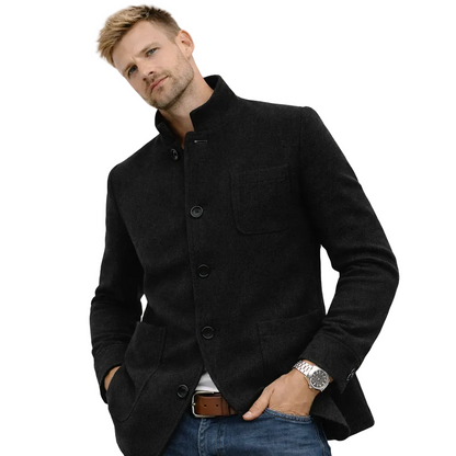 Herre cardigan-kåpe i ulllook – enkeltspent med lommer, ståkrage og slim fit (høst/vinter) – Mørkeblå