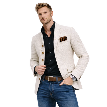 Retro herrejakke med ståkrage – slim fit, ensfarget og teksturert (vårjakke med knapper) – 01 Hvit