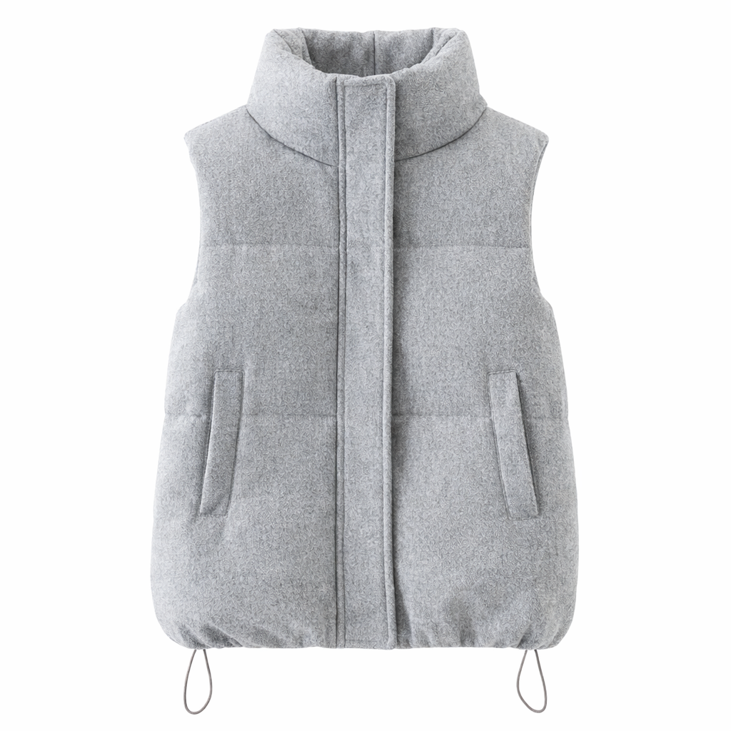 Tykk, varm grå bomullsvest til dame – vattert waistcoat med ståkrage for høst og vinter