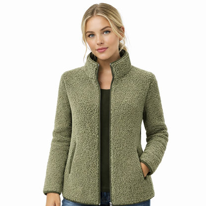 Myk velur-sweatshirt til dame – ensfarget med ståkrage og glidelås – Khaki