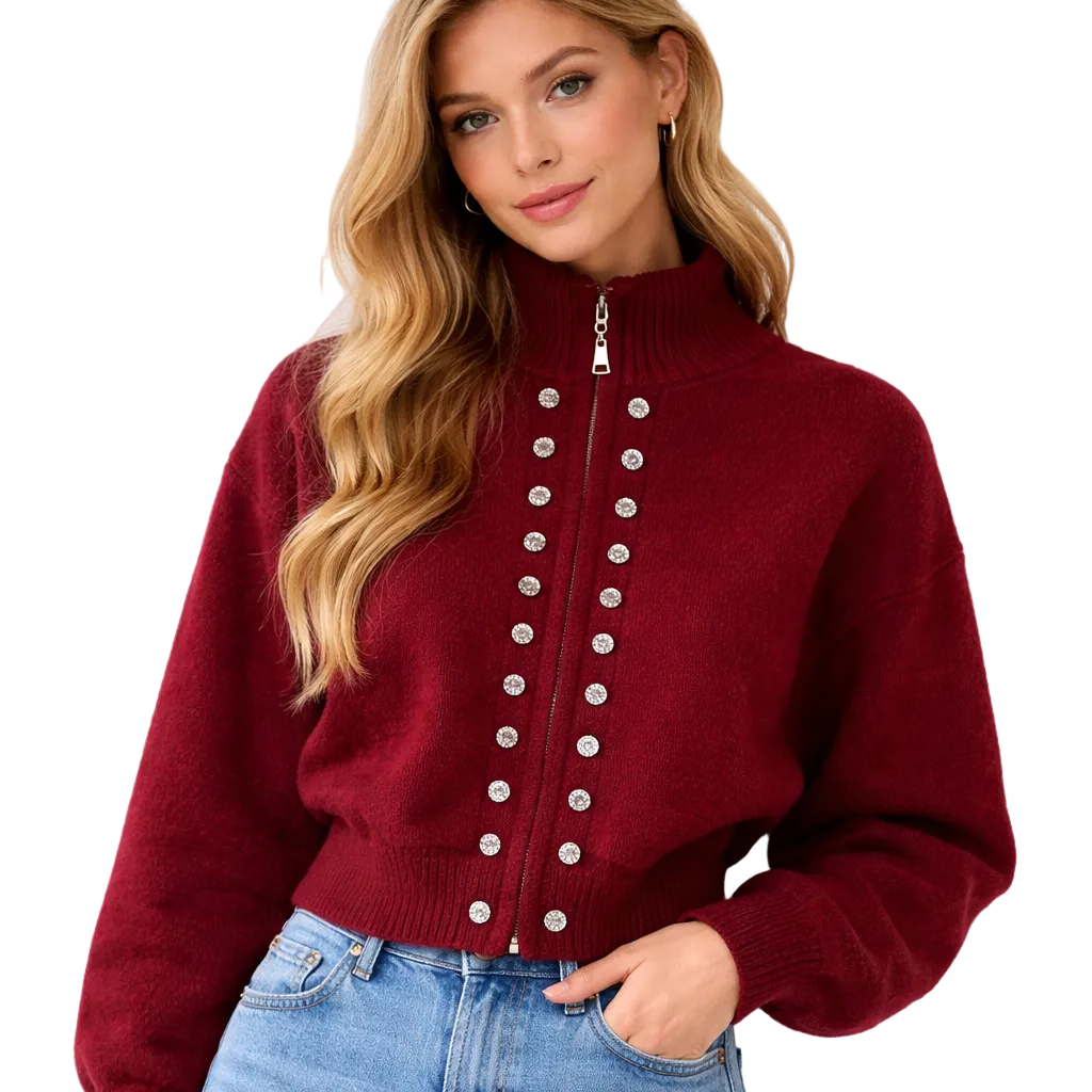 Luksuriøs Strikket Cardigan for Dame – Myk, Fluffy Jakke med Glidelås og Dobbelspent Design | Trendy Y2K Høstgenser – Rød