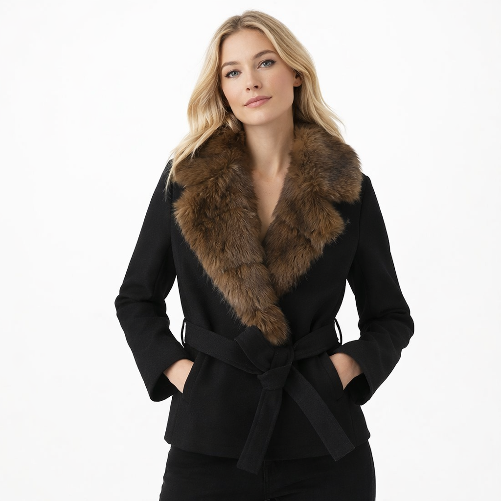 Fuskepelsjakke med Hette for Dame – Varm og Tykk Ullfrakk med Belte og Lommer | Trendy Streetwear til Høst og Vinter – Brun